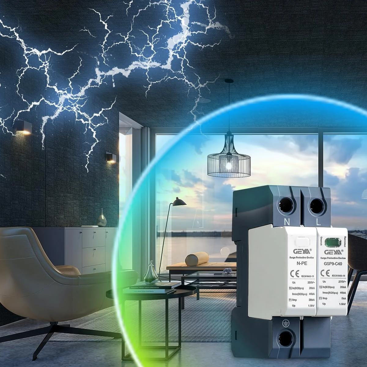 محافظ ولتاژ گیر GEYA 20KA-40KA SPD، محافظ ولتاژ خانگی، ریل DIN (2P, AC400V)