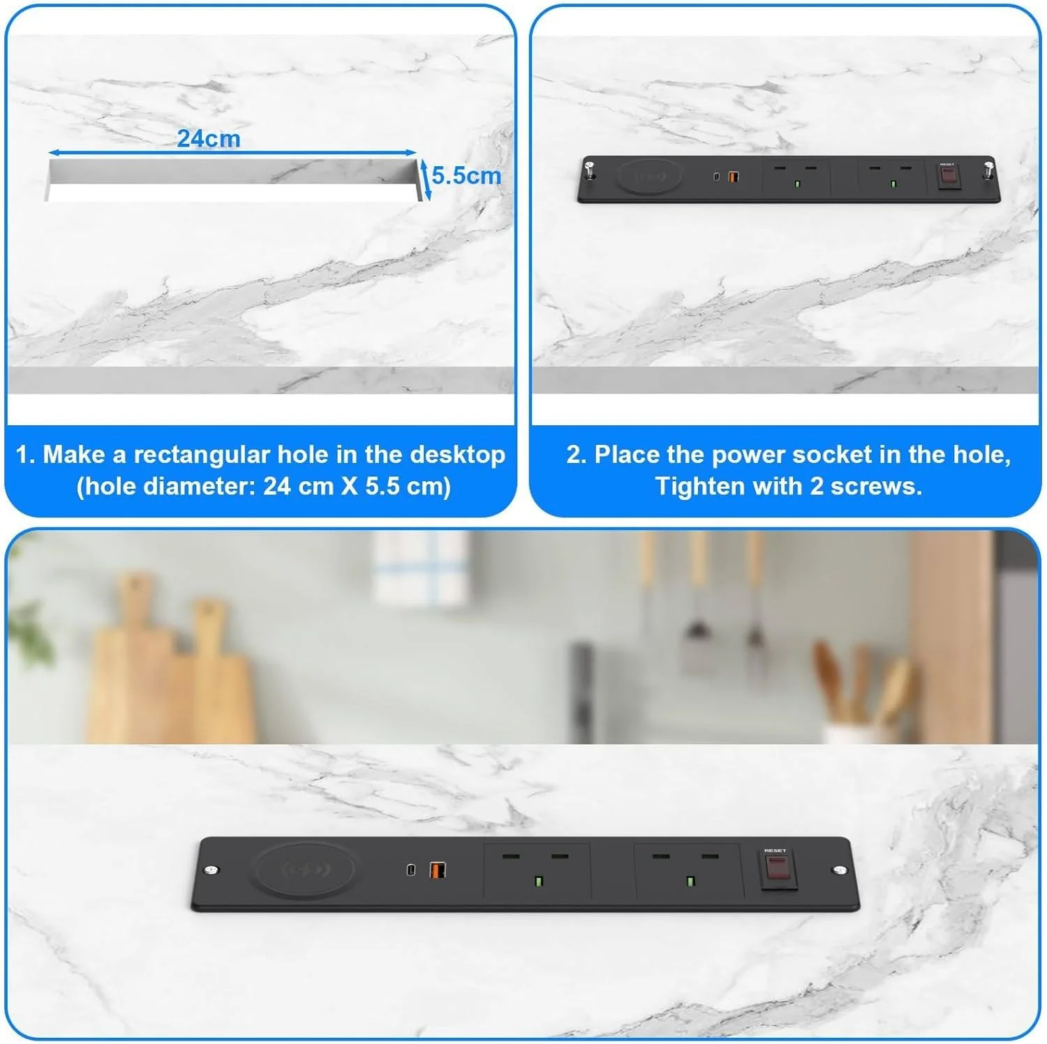 پریز برق رومیزی با USB C، چندراهی برق توکار با پورت های PD 20W USB A+C، شارژر بی سیم 15W با کلید، منبع تغذیه رومیزی، B