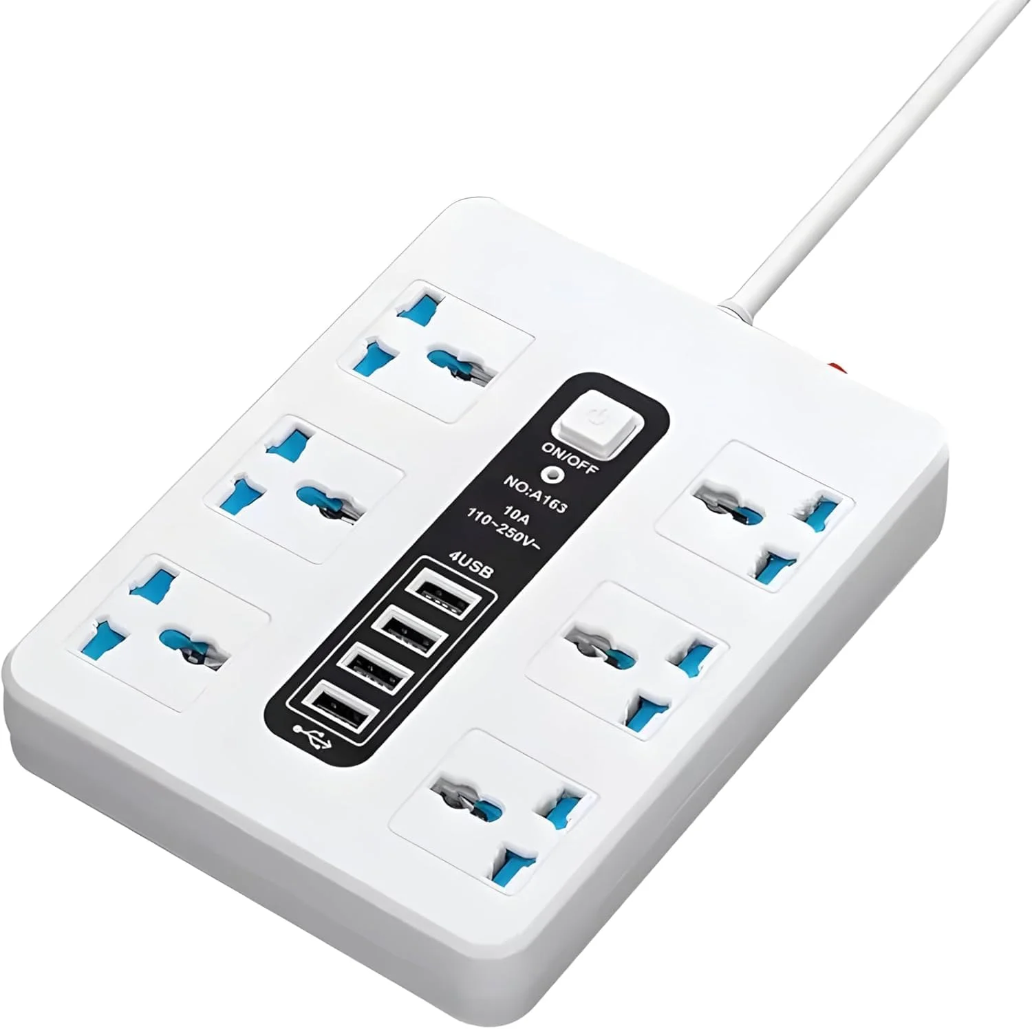 گلوبال، سوکت افزایشی 8 راهه با 4 درگاه USB، سیم برق سه پین، سیم افزایش قدرت قوی، آداپتور مسافرتی جهانی و محافظ ولتاژ برای خانه و دفتر (سفید)