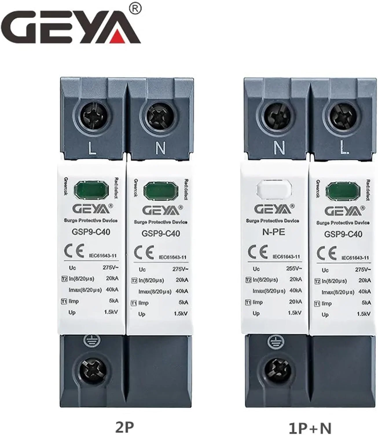 محافظ ولتاژ گیر GEYA 20KA-40KA SPD، محافظ ولتاژ خانگی، ریل DIN (2P, AC440V)