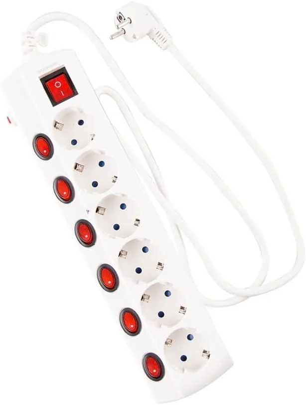محافظ برق 6 خانه سفید رنگ با کلید تک پل، محافظت در برابر نوسانات برق، جمع شونده، 1.5 متری، محافظ کودک