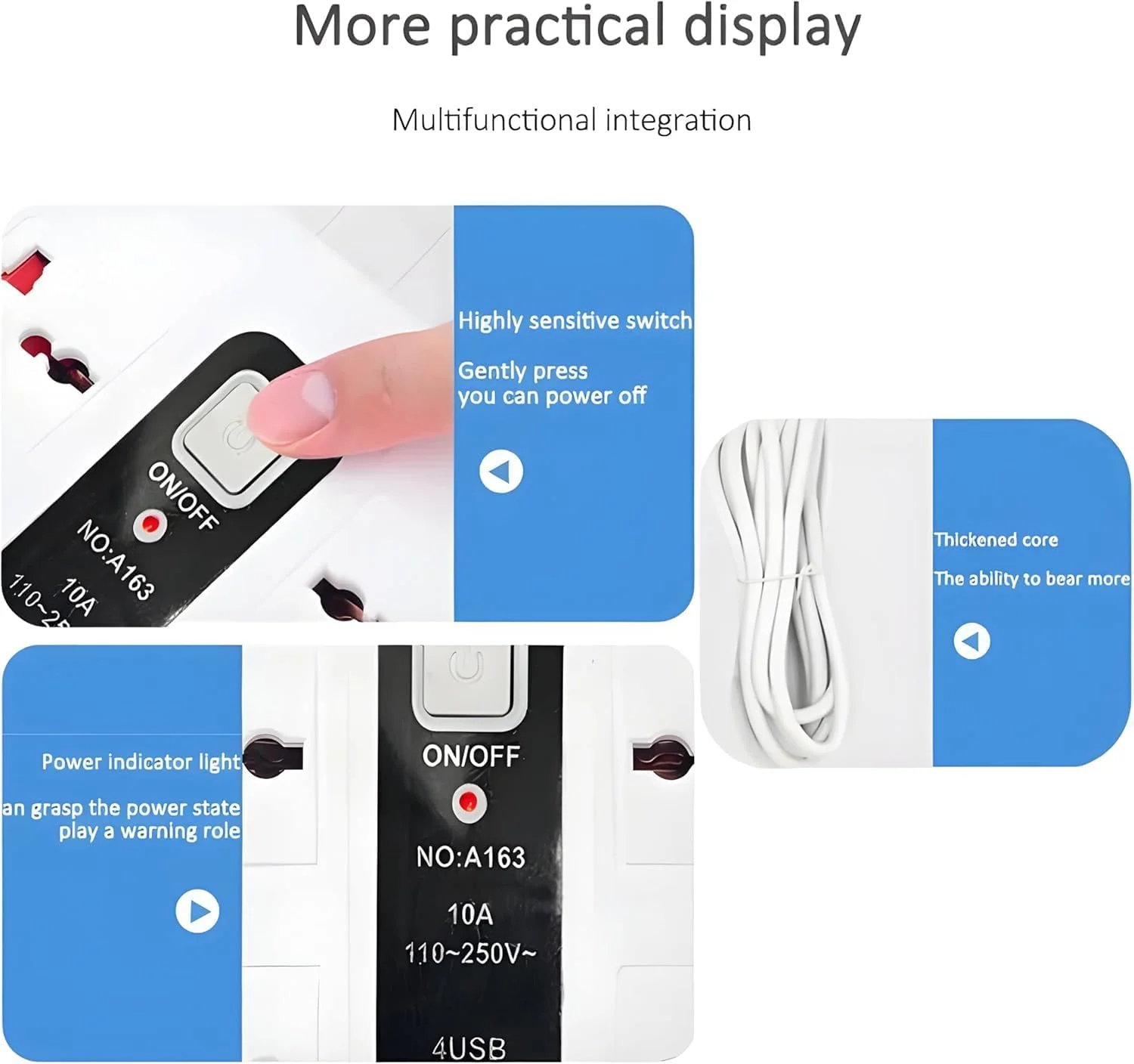 گلوبال، سوکت افزایشی 8 راهه با 4 درگاه USB، سیم برق سه پین، سیم افزایش قدرت قوی، آداپتور مسافرتی جهانی و محافظ ولتاژ برای خانه و دفتر (سفید)