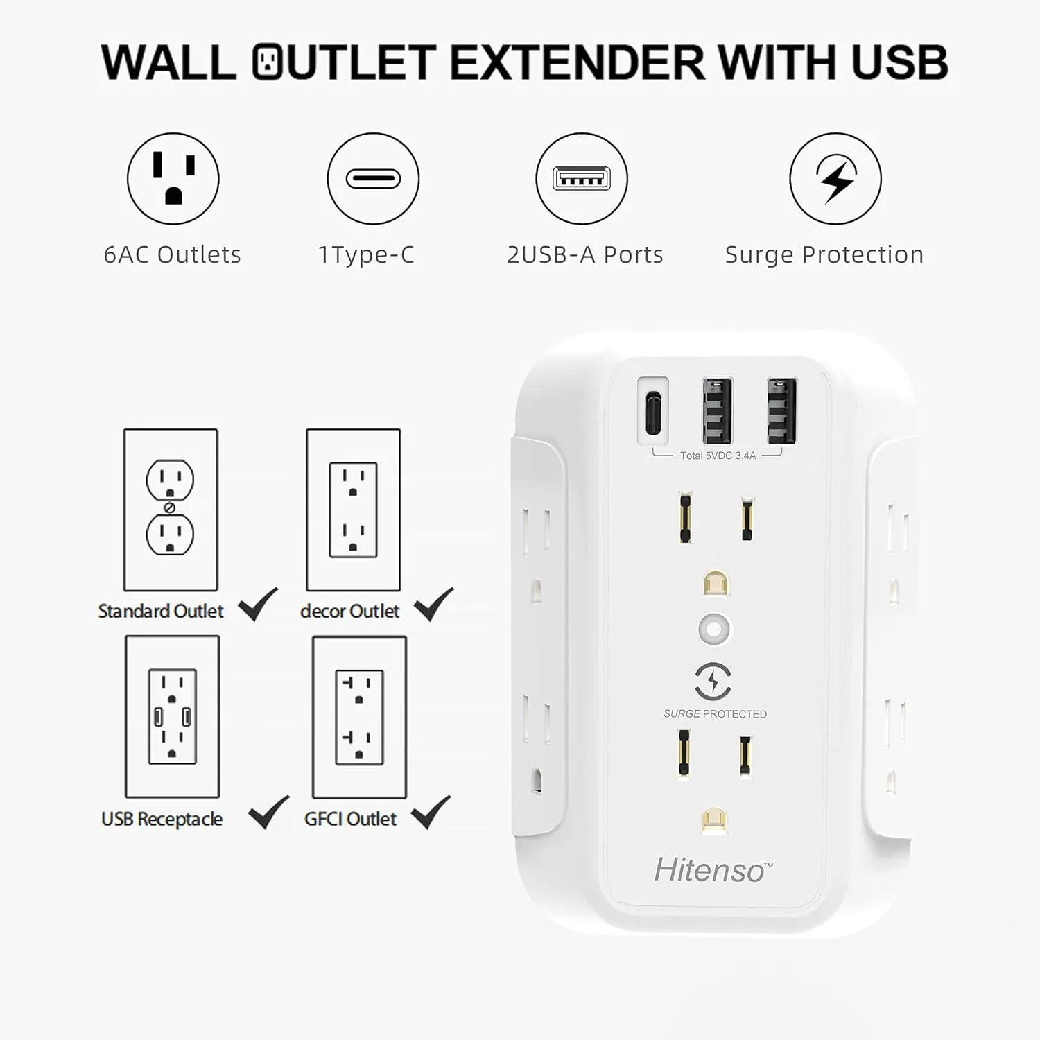 چند راهی برق دیواری با پورت USB و محافظ برق، 6 خروجی متعدد با 3 پورت شارژ USB، آداپتور دیواری 3 طرفه چند راهی برق دیواری با پورت USB و محافظ برق، 6 خروجی متعدد با 3 پورت شارژ USB، آداپتور دیواری 3 طرفه