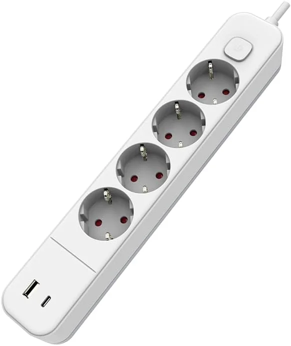 چهار راهی برق Glowster با کلید، کابل 1.5 متری و 2 پورت USB (A و C). ایده آل برای شارژ دستگاه ها در خانه یا محل کار، طراحی سفید و شیک آن با هر اتاقی هماهنگ می شود.