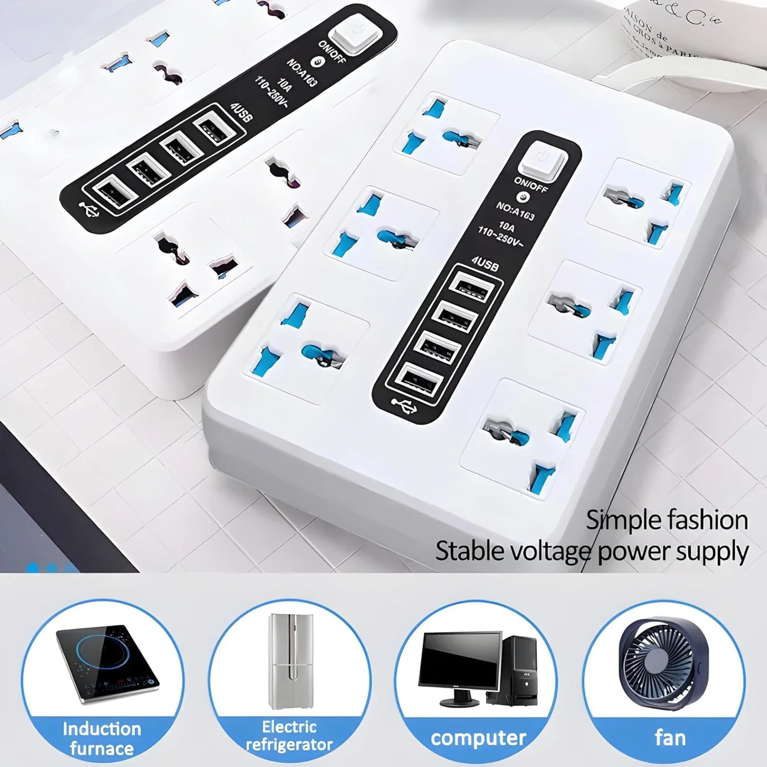 گلوبال، سوکت افزایشی 8 راهه با 4 درگاه USB، سیم برق سه پین، سیم افزایش قدرت قوی، آداپتور مسافرتی جهانی و محافظ ولتاژ برای خانه و دفتر (سفید)