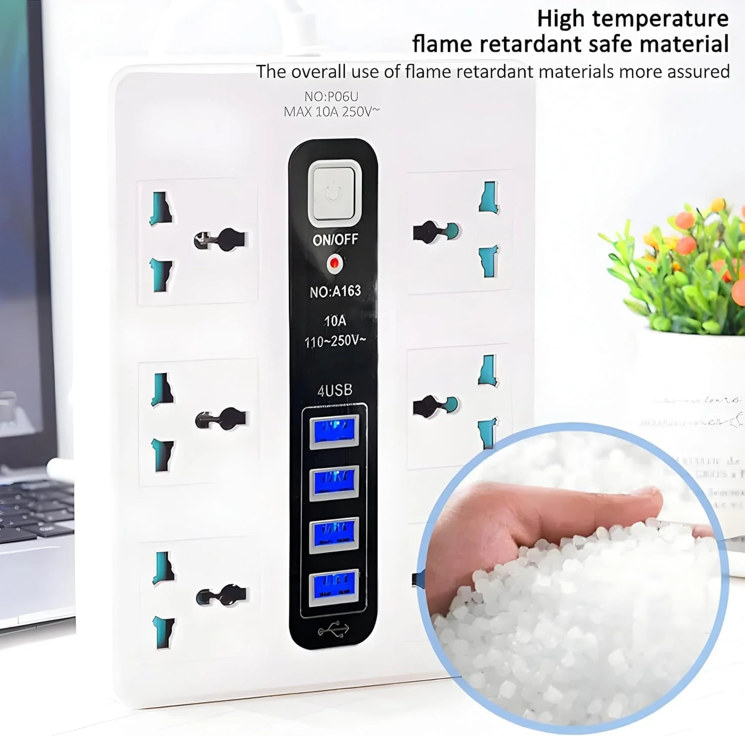 گلوبال، سوکت افزایشی 8 راهه با 4 درگاه USB، سیم برق سه پین، سیم افزایش قدرت قوی، آداپتور مسافرتی جهانی و محافظ ولتاژ برای خانه و دفتر (سفید)