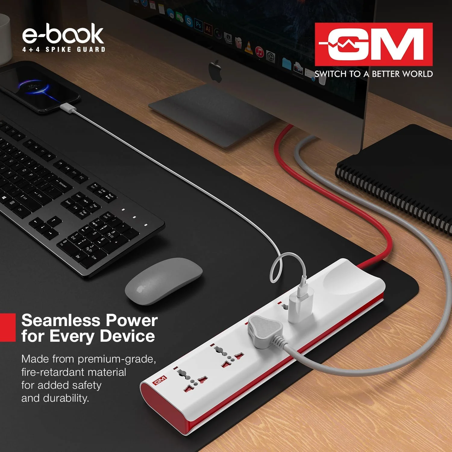 محافظ برق کتابی GM 3061 | دارای 4 پریز یونیورسال + کلیدهای جداگانه | کابل 2 متری ضخیم | محافظت در برابر اضافه بار حرارتی | نشانگر LED | محافظ ایمنی کودک