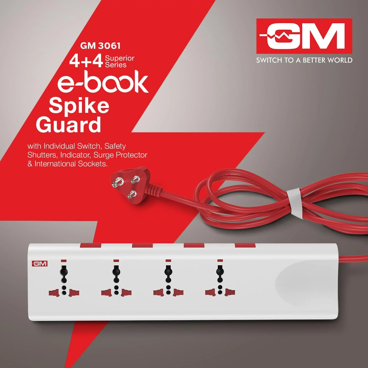 محافظ برق کتابی GM 3061 | دارای 4 پریز یونیورسال + کلیدهای جداگانه | کابل 2 متری ضخیم | محافظت در برابر اضافه بار حرارتی | نشانگر LED | محافظ ایمنی کودک