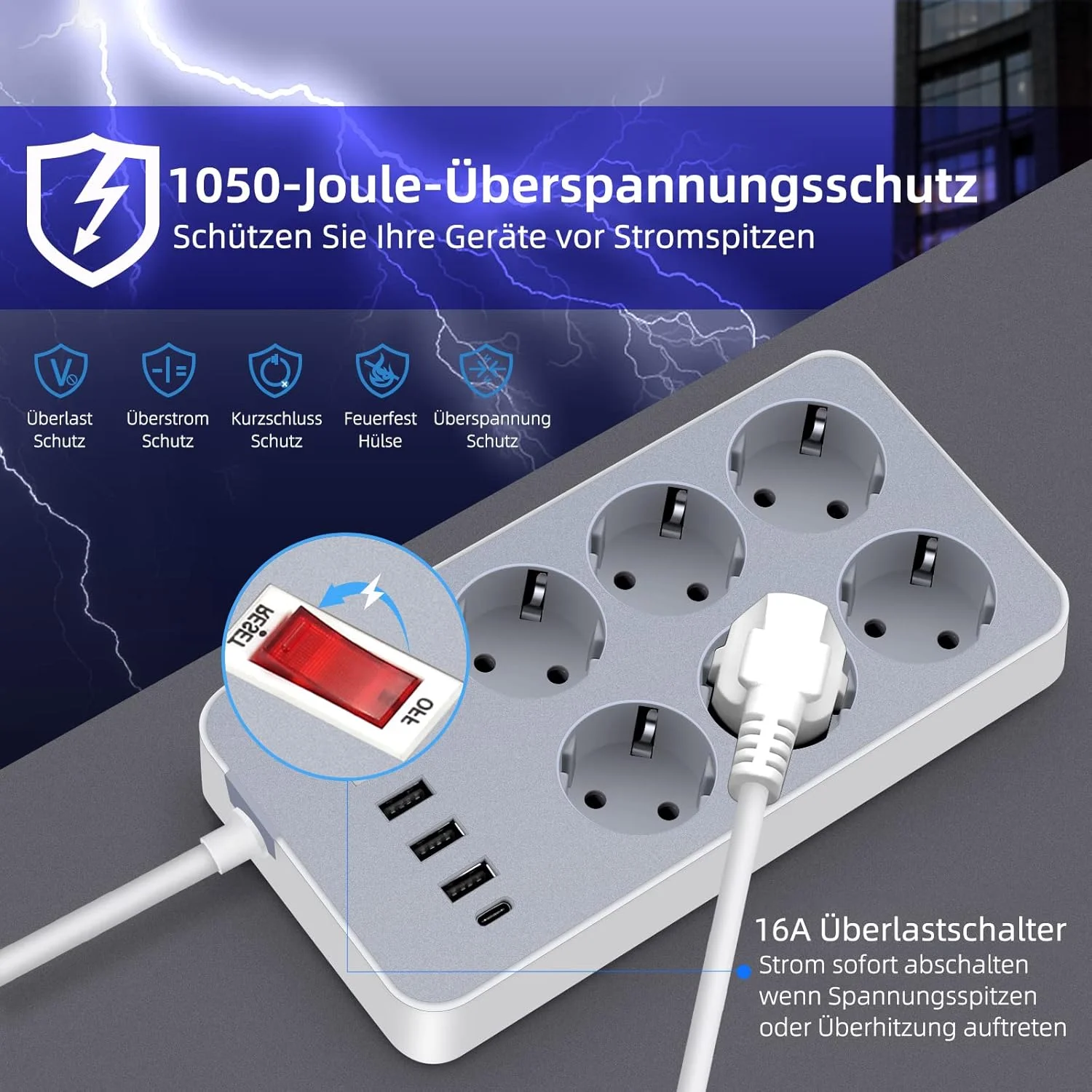 چندراهی برق GFtz با کلید، 6 پریز چندگانه با کلید، کابل افزایش طول چند شاخه، 10 در 1، چندراهی برق چندگانه با USB-C و کلید برای خانه، آشپزخانه، دفتر