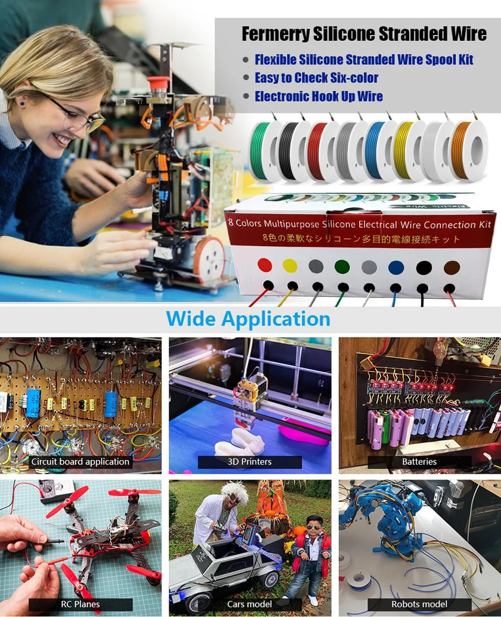 کیت سیم برق سیلیکونی 22AWG، 8 رنگ سیم مسی قلع اندود، قرقره سیم جامد برای کارهای الکترونیکی DIY و لامپ ها، لوازم خانگی، باتری ها، الکترونیک و غیره. ابزار شامل (سیم پیچ 8x23 فوت) کیت سیم برق سیلیکونی 22AWG، 8 رنگ سیم مسی قلع اندود، قرقره سیم جامد برای کارهای الکترونیکی DIY و لامپ ها، لوازم خانگی، باتری ها، الکترونیک و غیره. ابزار شامل (سیم پیچ 8x23 فوت)