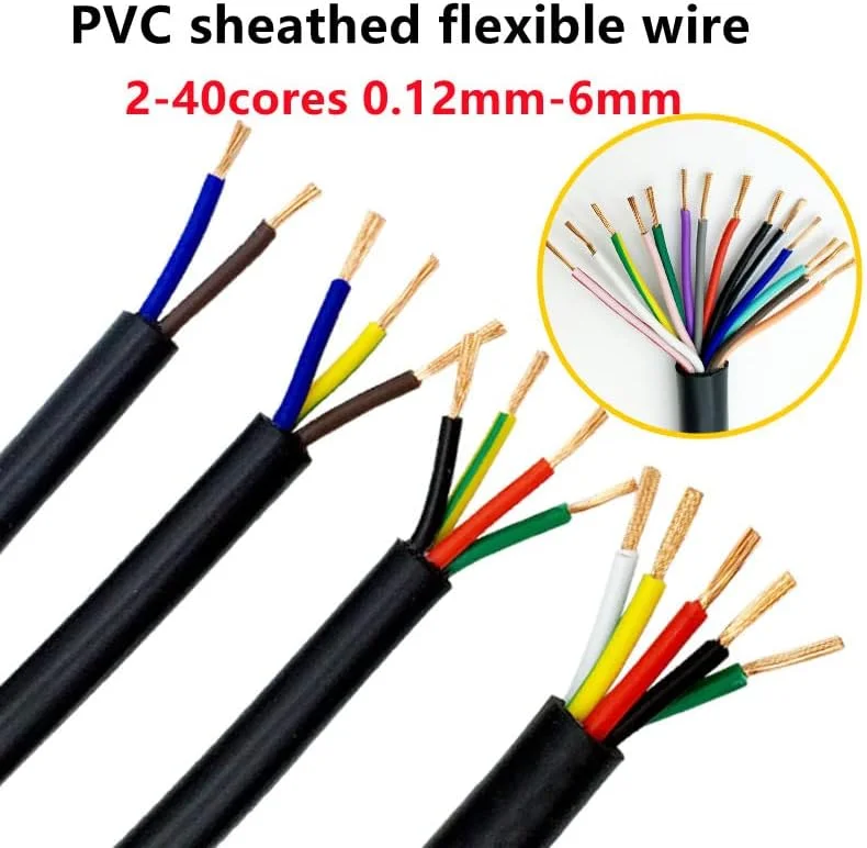 AETOOL - کابل PVC با اندازه های 26 24 22 20AWG با 2 3 4 5 6 10 8 12 14 16 رشته سیم مسی روکش دار، کابل الکتریکی RVV، سیم روکش دار نرم مشکی (0.3MM 22AWG 5 متر)