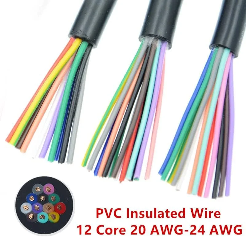 AETOOL - Improv - سیم برق مسی 5 متری RVV با 12 رشته، در اندازه های 28AWG 26AWG 24 AWG 22 AWG 20AWG 18AWG 17AWG، کابل نرم روکش دار مشکی (12C 24 AWG 2M)