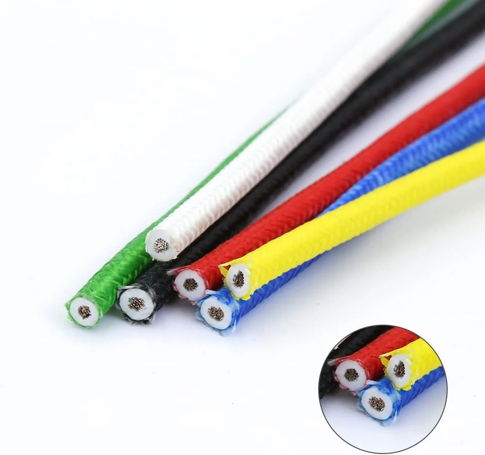 سیم و کابل سیلیکونی مقاوم در برابر حرارت 300 درجه سانتیگراد بافته شده از الیاف شیشه AETOOL - Improv، اندازه های 0.3mm، 0.5mm، 0.75mm، 1.0mm، 1.5mm، 2.5mm، 4mm، 6mm (زرد 10 متر)