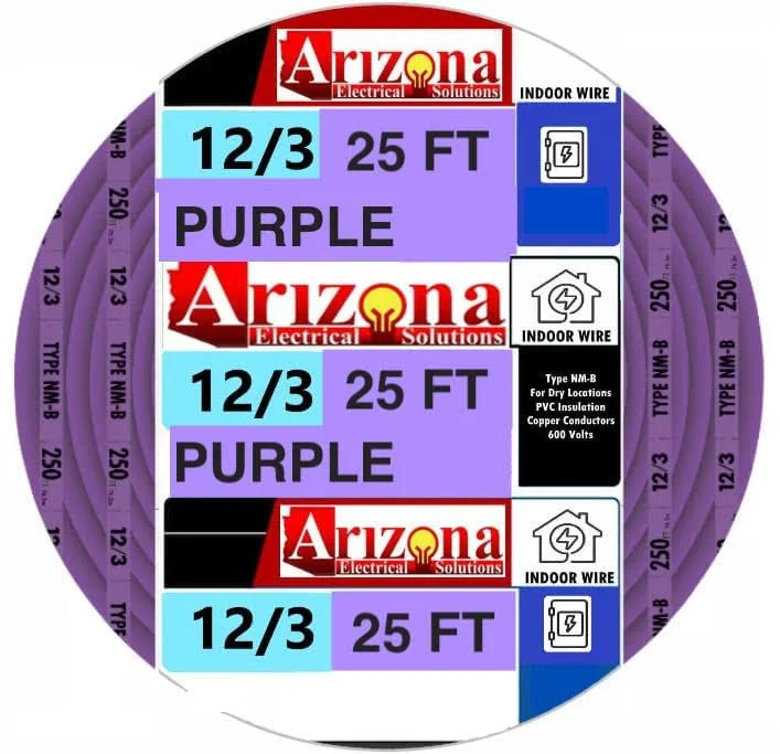 سیم مسی بنفش 12/3 به طول 7.6 متر Arizona Electrical Solutions، 600 ولت، ساخت آمریکا
