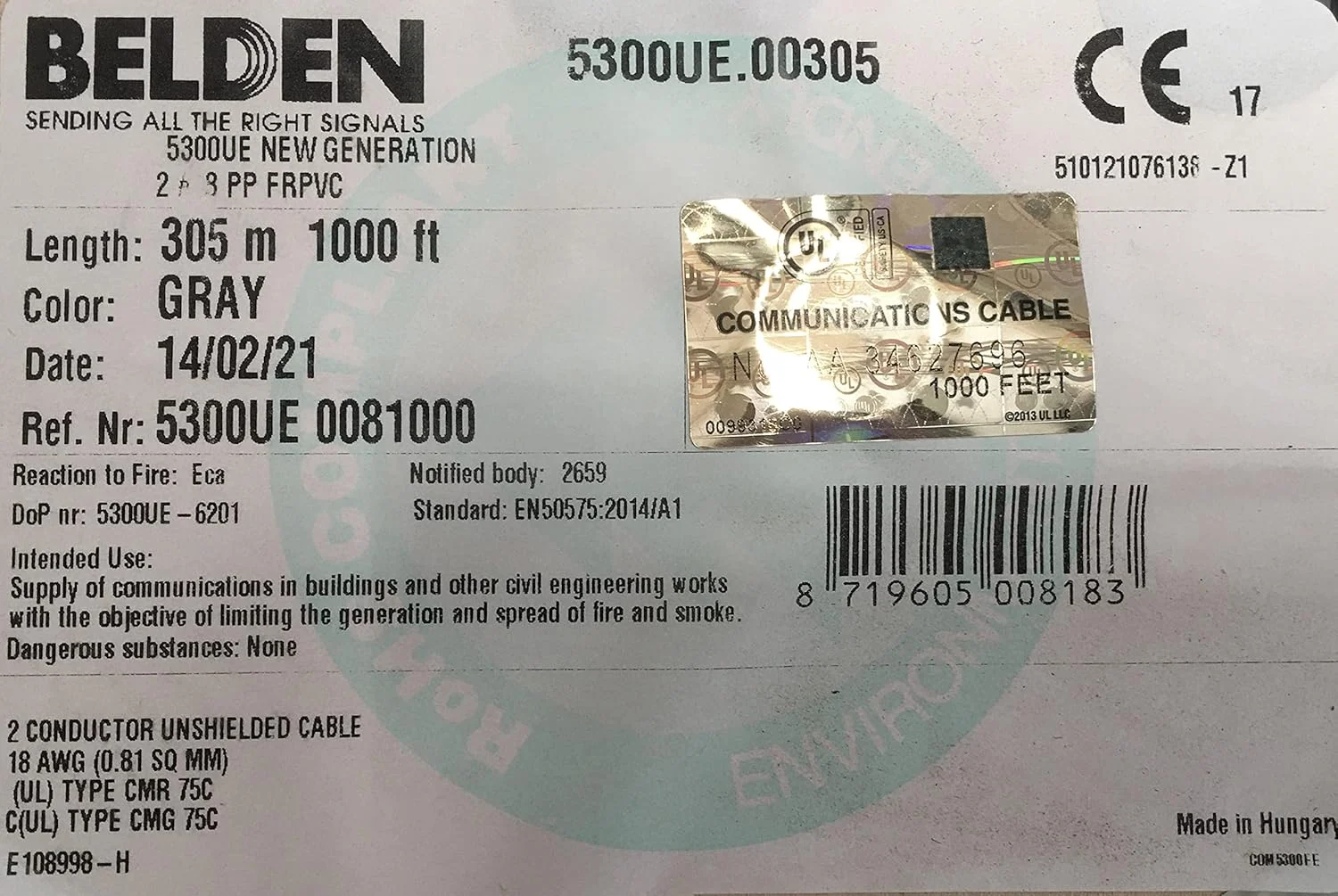 کابل بدون شیلد 2 کور بلدن 5300UE، مفتول مسی لخت افشان 18 AWG، 305 متر