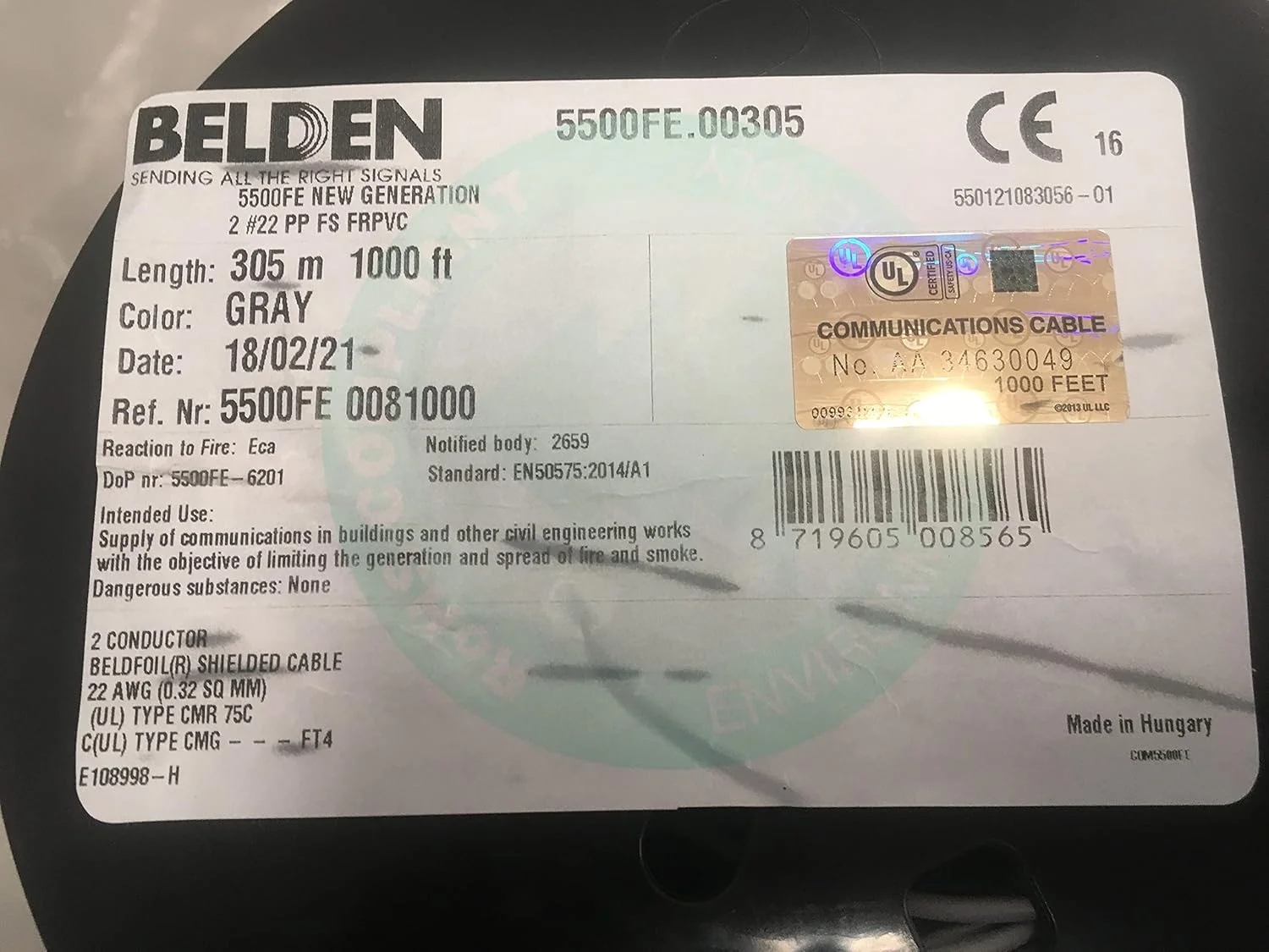 کابل شیلددار BELDEN 5500FE - دو رشته سیم مسی لخت افشان 22 AWG، 305 متر