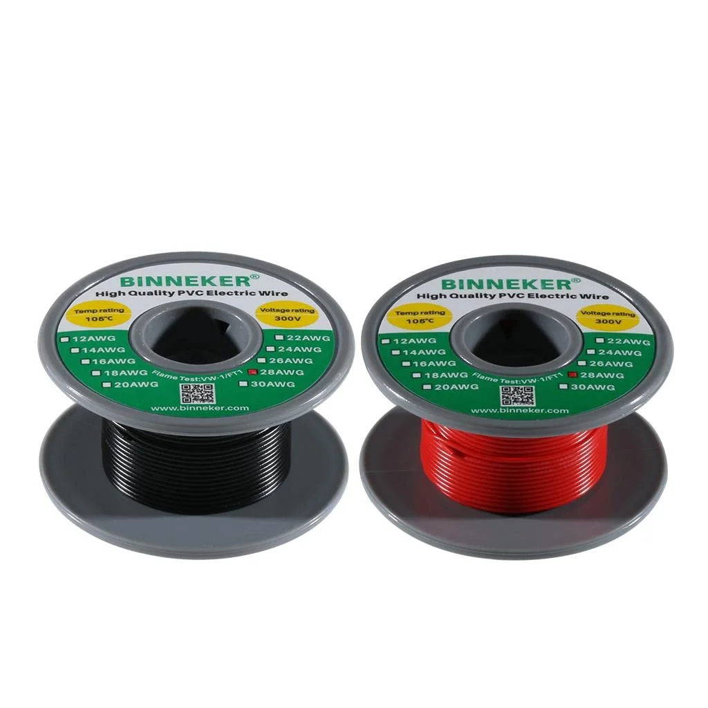 سیم برق جامد PVC گیج 28 بینکر، قرمز 15 متر و مشکی 15 متر، سیم مسی قلع اندود 28 AWG 1007