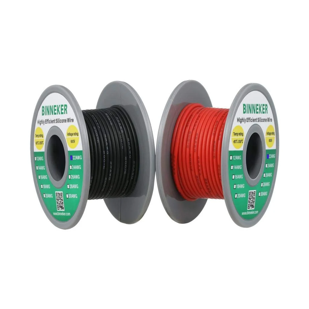 سیم سیلیکونی 22 گیج BINNEKER، قرقره 30 متر، فوق العاده انعطاف پذیر، دمای بالا 200 درجه سانتیگراد، 600 ولت، سیم سیلیکونی 22 AWG، 60 رشته سیم مسی قلع اندود، 15 متر مشکی و 15 متر قرمز، سیم رشته ای برای مدل