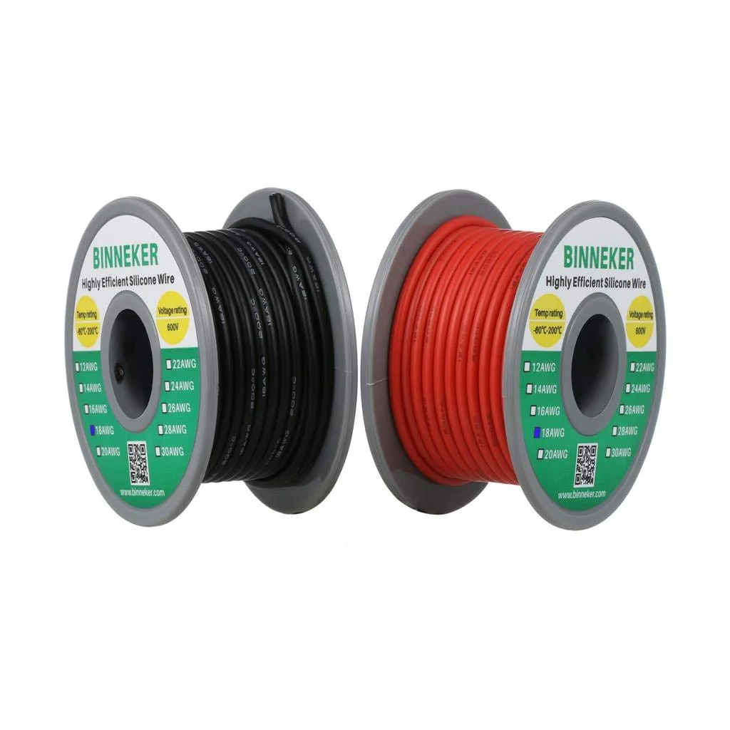 سیم سیلیکونی 18 گیج BINNEKER، قرقره 30 متری، فوق العاده انعطاف پذیر، دمای بالا 200 درجه سانتیگراد، 600 ولت، سیم سیلیکونی 18 AWG، 150 رشته سیم مسی قلع اندود، 15 متر سیم رشته ای مشکی و 15 متر قرمز برای مدل
