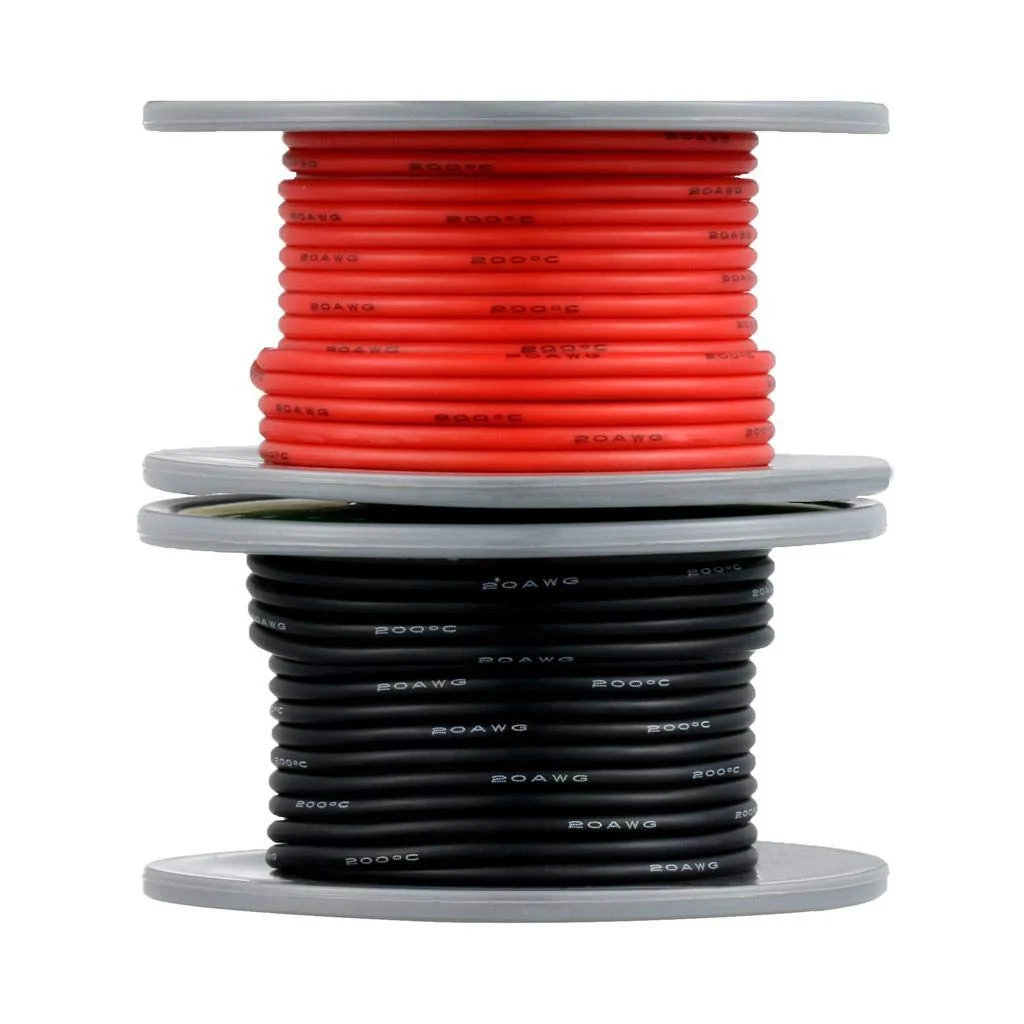 سیم سیلیکونی گیج 20، قرقره 60 متری، فوق العاده انعطاف پذیر، دمای بالا 200 درجه سانتیگراد، 600 ولت، سیم سیلیکونی 20 AWG، 100 رشته سیم مسی قلع اندود، 30 متر مشکی و 30 متر قرمز، سیم افشان برای مدل