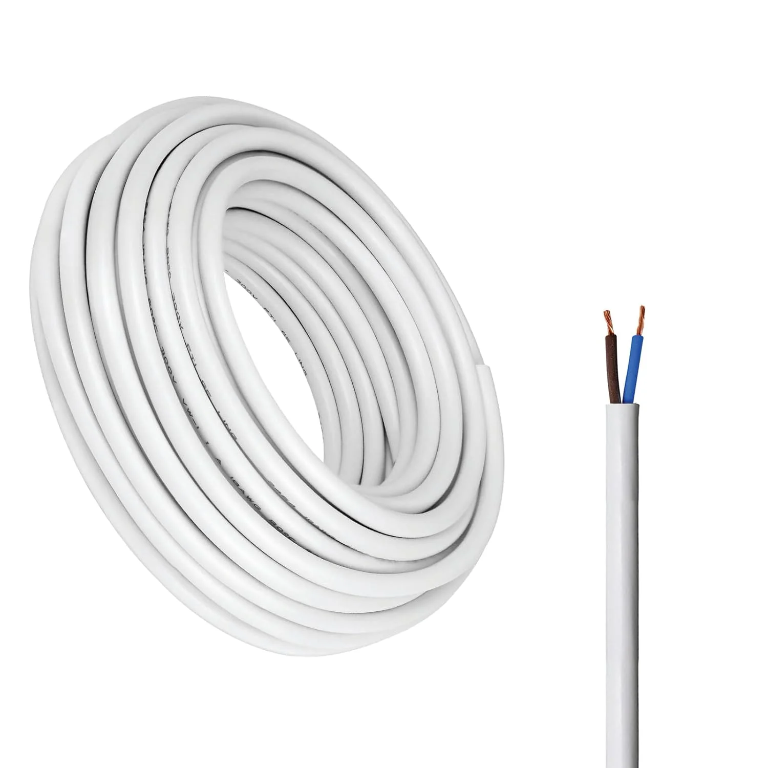سیم کابل برق، عایق PVC سفید، سیم برق گرد و انعطاف پذیر (2 رشته 50 متری، 0.75 میلی متر)