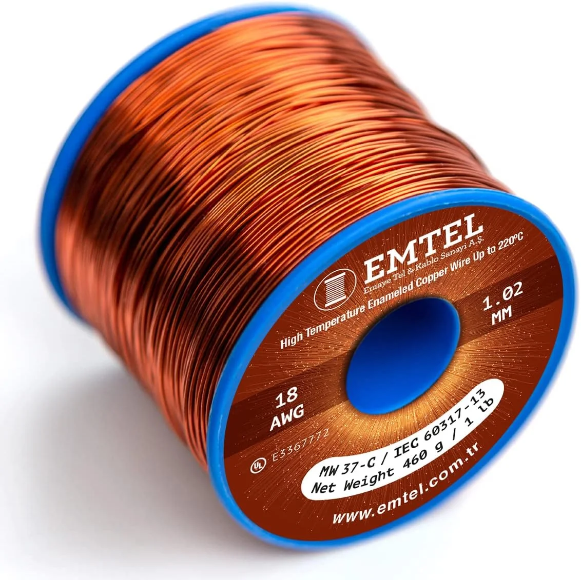 سیم مسی لاکی Emtel با قطر 18 AWG - وزن 1 پوند (202 فوت) با خلوص 99.9%، سیم مغناطیسی روکش دار برای موتور، ترانسفورماتور، سیم پیچ مغناطیسی و باغبانی الکتریکی، سیم پیچ سیم مغناطیسی - کلاس حرارتی 220 درجه سانتیگراد (428 درجه فارنهایت)