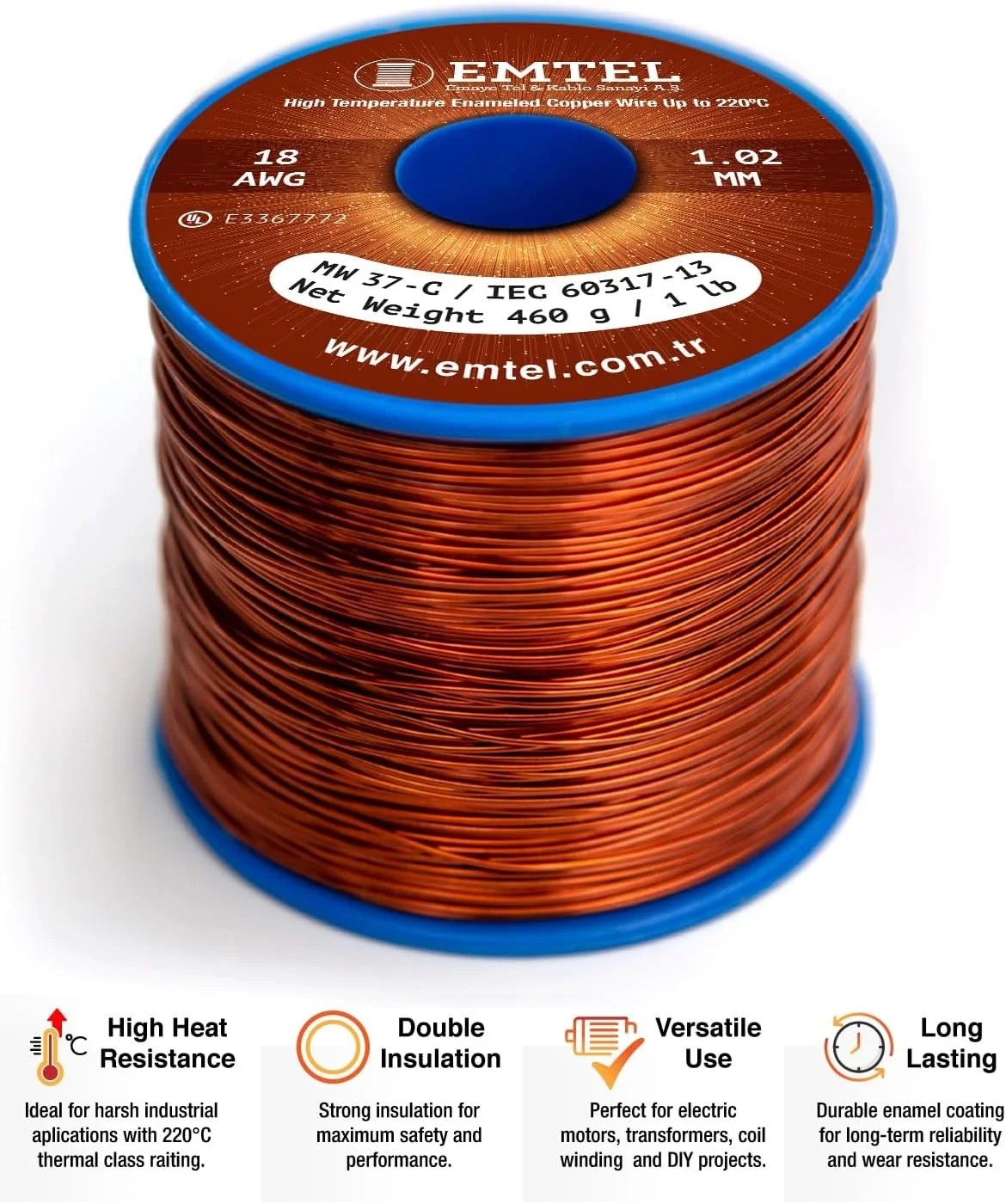 سیم مسی لاکی Emtel با قطر 18 AWG - وزن 1 پوند (202 فوت) با خلوص 99.9%، سیم مغناطیسی روکش دار برای موتور، ترانسفورماتور، سیم پیچ مغناطیسی و باغبانی الکتریکی، سیم پیچ سیم مغناطیسی - کلاس حرارتی 220 درجه سانتیگراد (428 درجه فارنهایت)