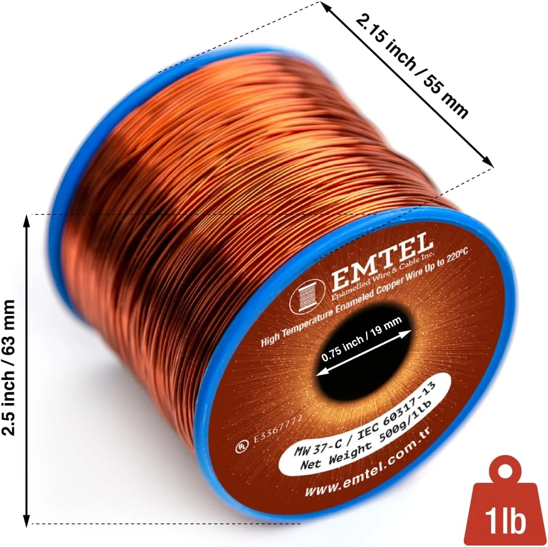 سیم مسی لاکی Emtel با قطر 18 AWG - وزن 1 پوند (202 فوت) با خلوص 99.9%، سیم مغناطیسی روکش دار برای موتور، ترانسفورماتور، سیم پیچ مغناطیسی و باغبانی الکتریکی، سیم پیچ سیم مغناطیسی - کلاس حرارتی 220 درجه سانتیگراد (428 درجه فارنهایت)