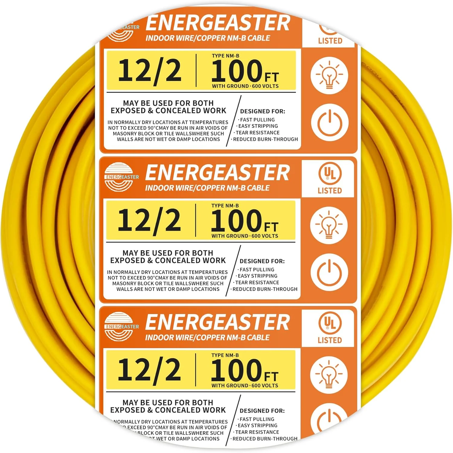 سیم برق مسی 12/2 NM-B، با سیم ارت، سیم مسی برق داخلی، سیم گیج 12، کابل مسی روکش دار غیر فلزی 2 هادی (زرد 30 متر)