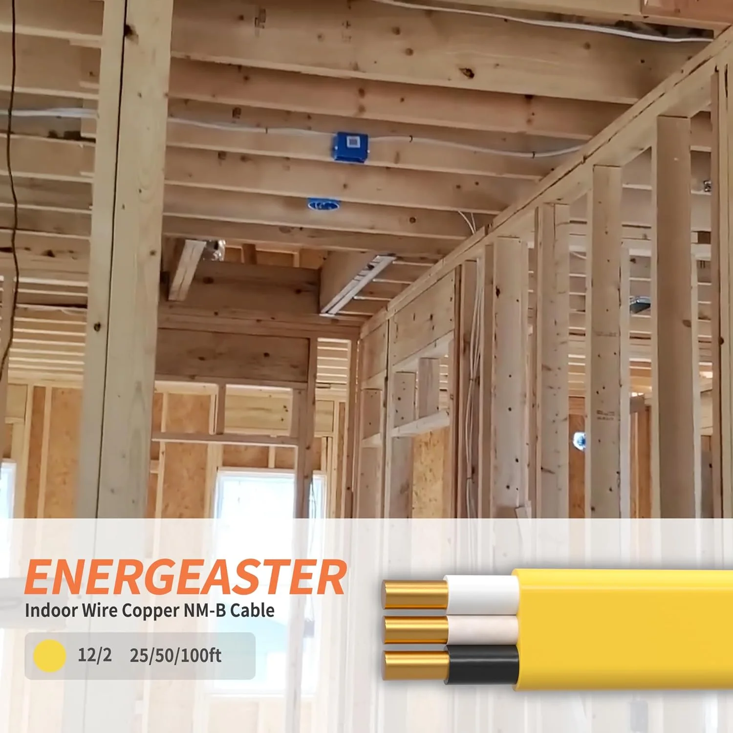 سیم برق مسی 12/2 NM-B، با سیم ارت، سیم مسی برق داخلی، سیم گیج 12، کابل مسی روکش دار غیر فلزی 2 هادی (زرد 30 متر)