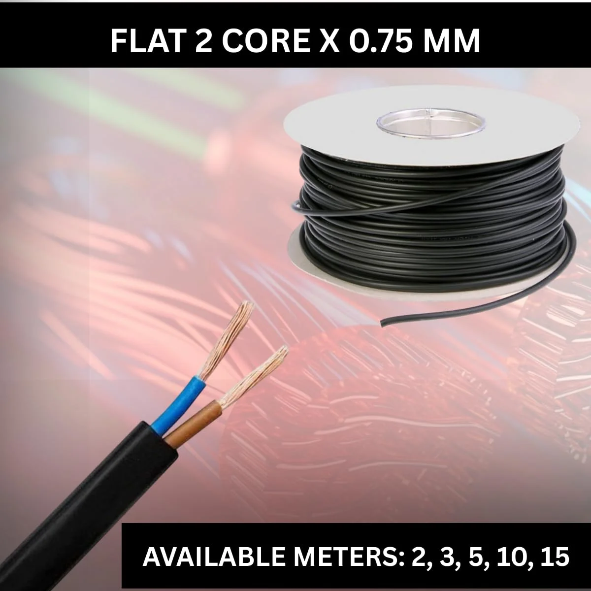 سیم افشان PVC دو رشته تخت با هادی مسی 0.75mm | سیم عایق لاستیکی برق برای مصارف خانگی و صنعتی | رسانایی بالا، بادوام (مشکی، 5 متر) سیم افشان PVC دو رشته تخت با هادی مسی 0.75mm | سیم عایق لاستیکی برق برای مصارف خانگی و صنعتی | رسانایی بالا، بادوام (مشکی، 5 متر)