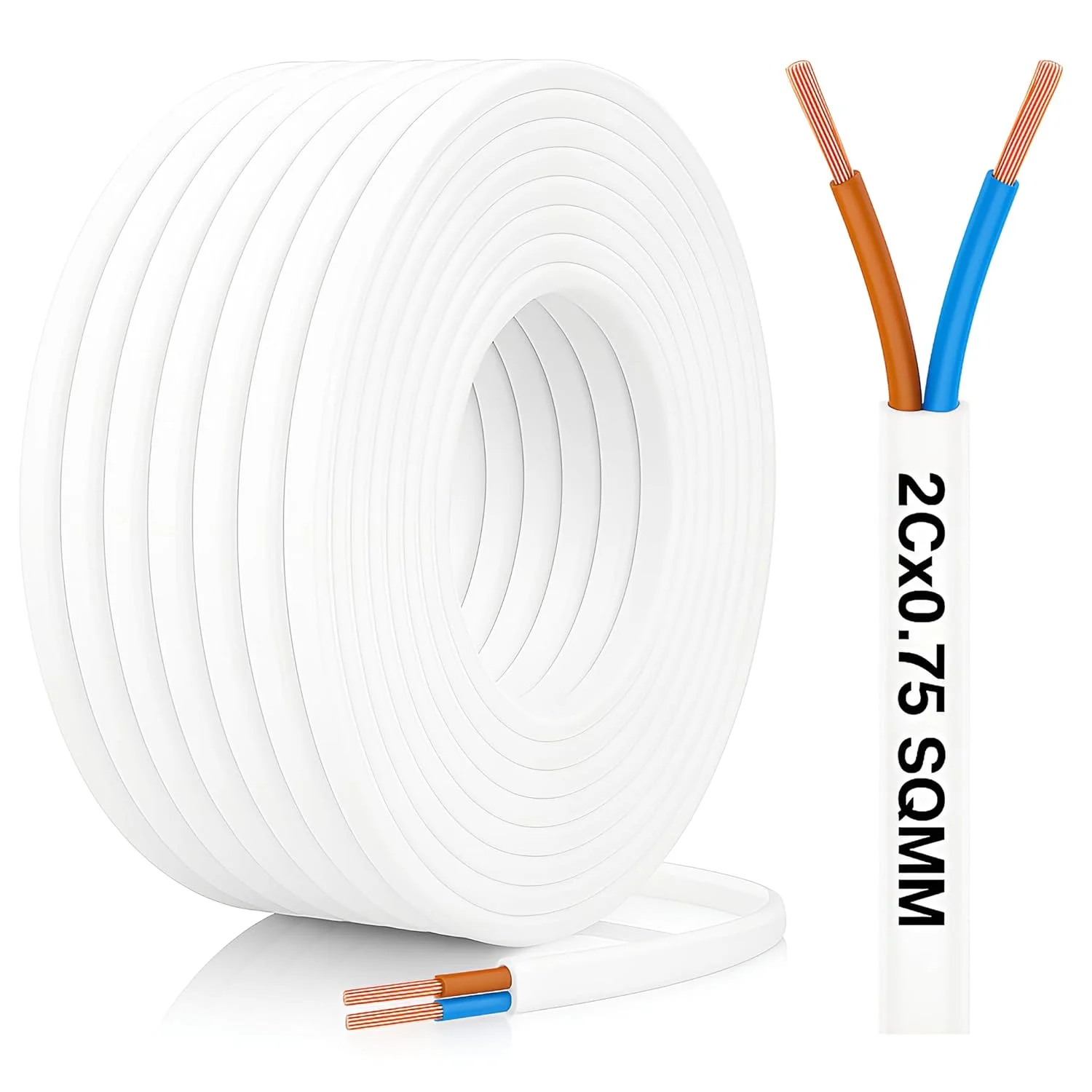 سیم افشان تخت دو رشته U.E با سطح مقطع 0.75 میلی‌متر مربع، دمای قابل تحمل 70 درجه سانتیگراد، 100% مس، رنگ سفید - ساخت ترکیه - کابل برق بادوام (50 متر)