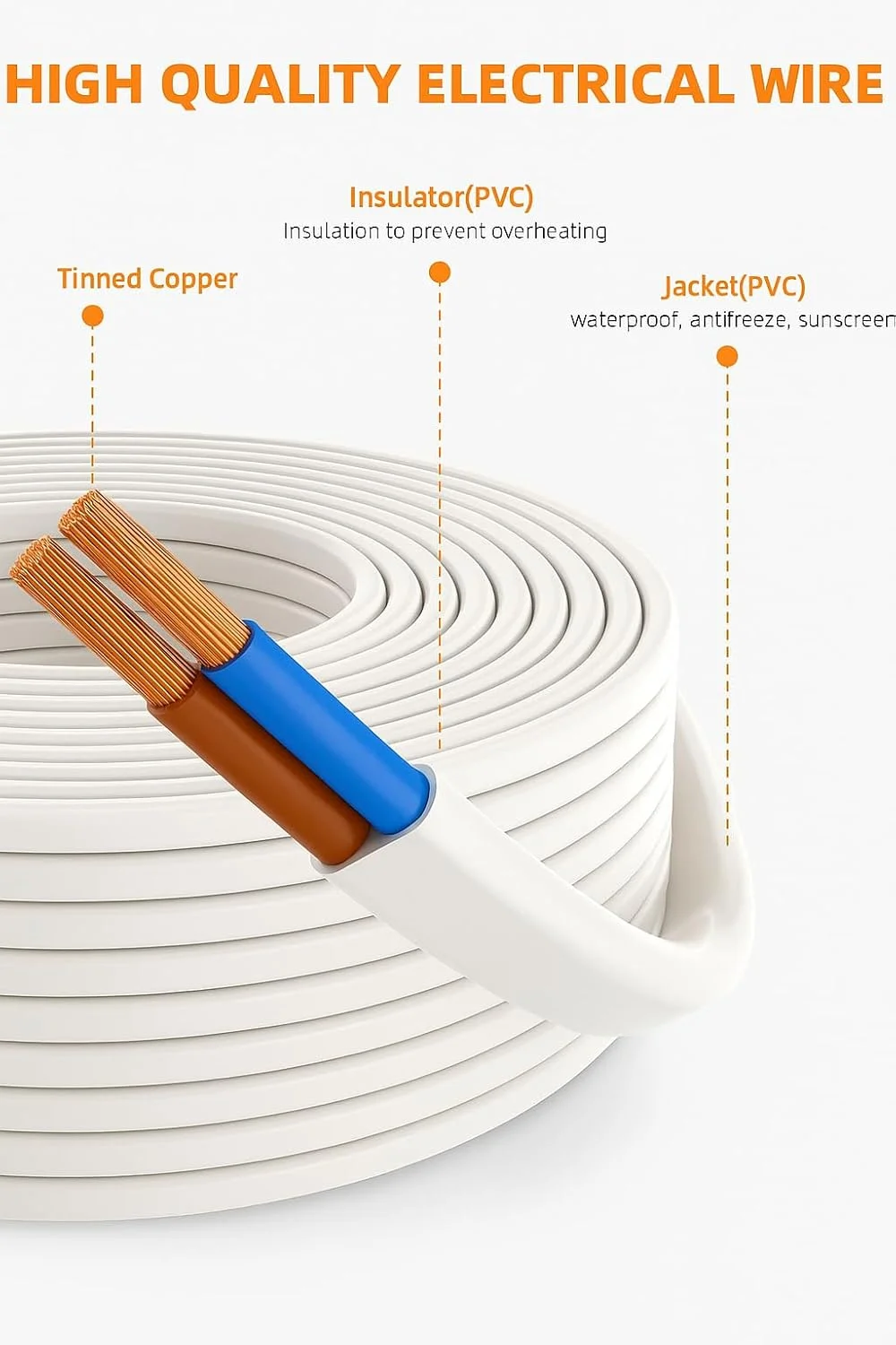 سیم افشان تخت دو رشته U.E با سطح مقطع 0.75 میلی‌متر مربع، دمای قابل تحمل 70 درجه سانتیگراد، 100% مس، رنگ سفید - ساخت ترکیه - کابل برق بادوام (50 متر)