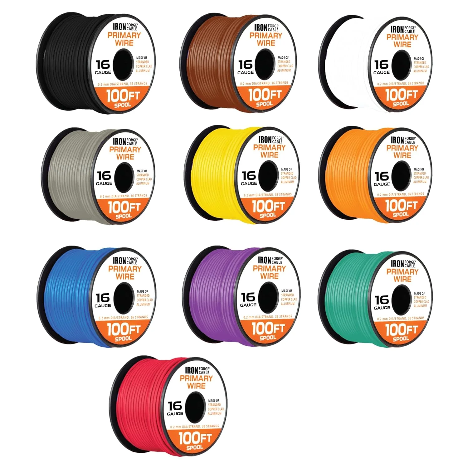 مجموعه سیم خودرویی اصلی آهن فورج کابل گیج 16 - بسته 10 رول - 100 فوت آلومینیوم روکش مس در هر رول، سیم خودرویی رشته ای