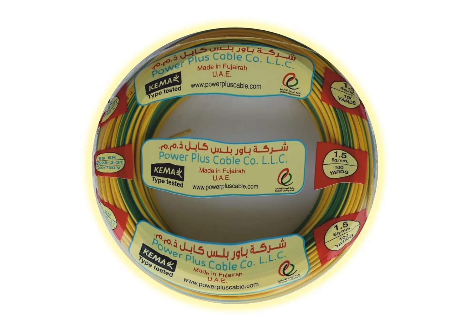 سیم برق، تک هسته ای با هادی مسی، عایق PVC، 450/750 ولت، مطابق با استاندارد BS EN50525-2-31، ساخت: [نام سازنده حذف شده]، ساخت امارات متحده عربی، دارای نشان کیفیت امارات، (کلاف 100 یاردی) (1C x 1.5 Sq.mm، زرد سبز)