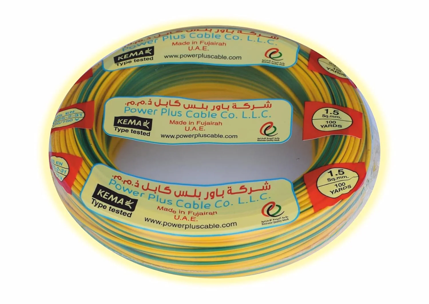 سیم برق، تک هسته ای با هادی مسی، عایق PVC، 450/750 ولت، مطابق با استاندارد BS EN50525-2-31، ساخت: [نام سازنده حذف شده]، ساخت امارات متحده عربی، دارای نشان کیفیت امارات، (کلاف 100 یاردی) (1C x 1.5 Sq.mm، زرد سبز)