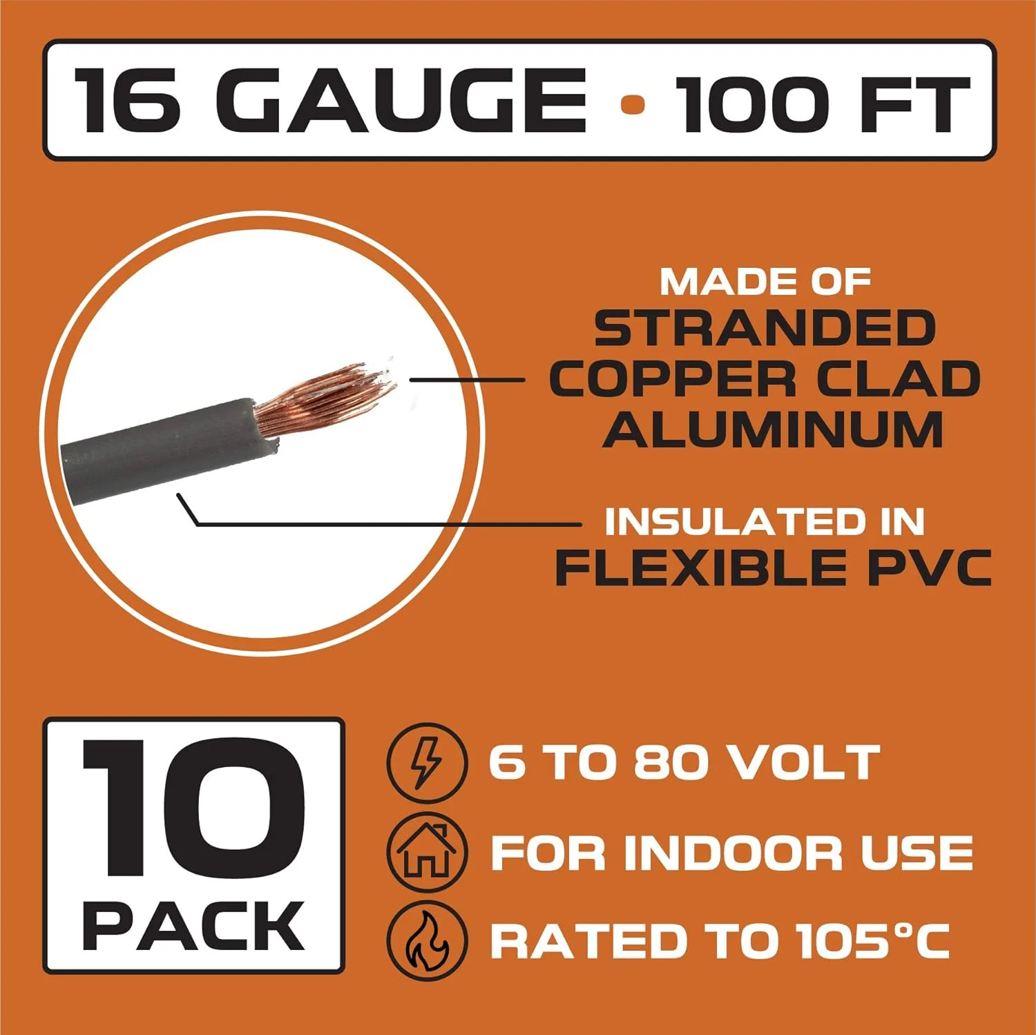 مجموعه سیم خودرویی اصلی آهن فورج کابل گیج 16 - بسته 10 رول - 100 فوت آلومینیوم روکش مس در هر رول، سیم خودرویی رشته ای