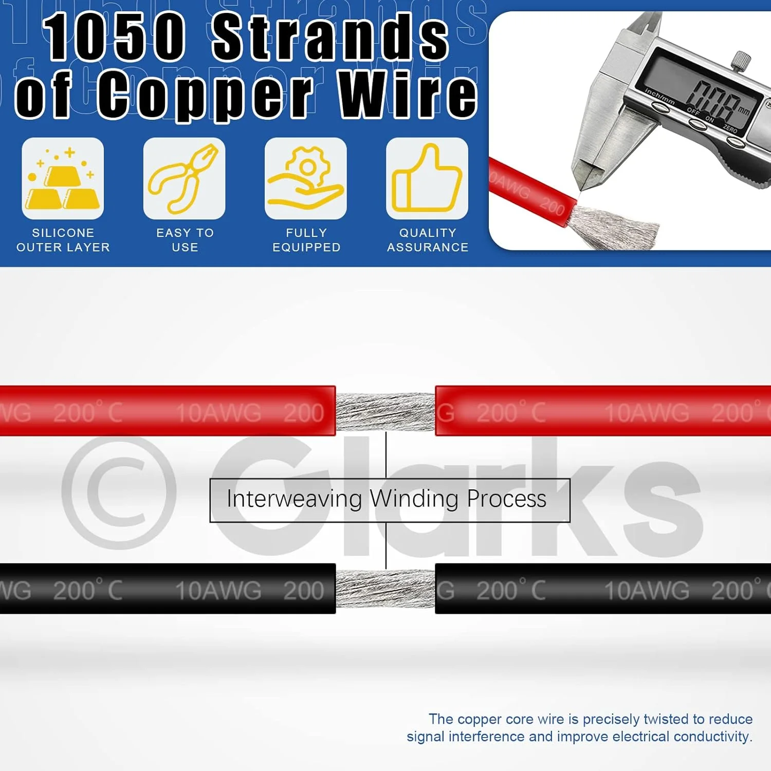 سیم سیلیکونی دمای بالا Glarks گیج 10، 1.8 متر قرمز و 1.8 متر مشکی، سیم مسی عایق انعطاف پذیر