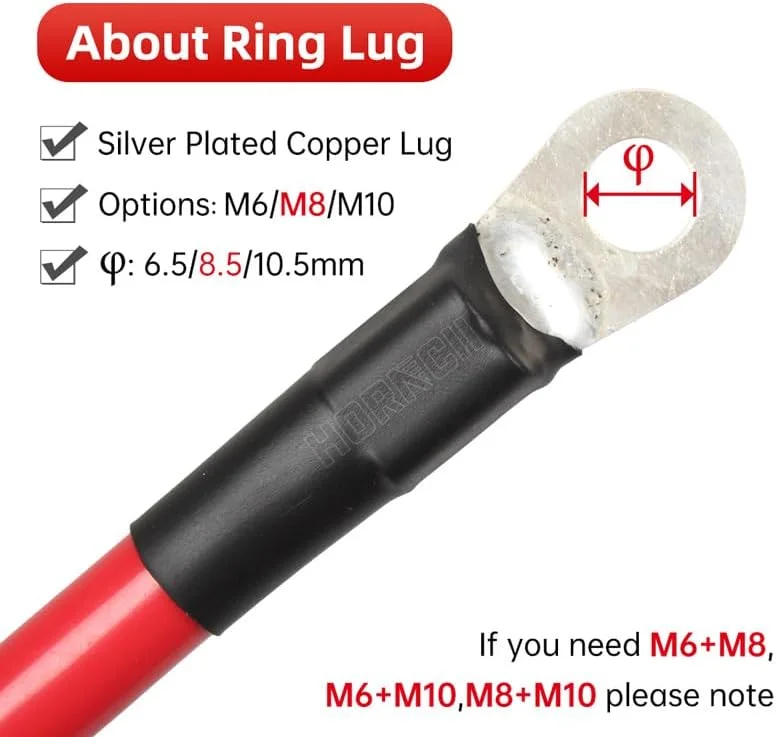 کابل اینورتر باتری با سیم مسی رشته ای و اتصال دهنده لحیم کاری شده، کابل جامپر اتصال به زمین 1.2M 1.5M 1.8M 2.5M 5M (قرمز 4 AWG (25mm2))