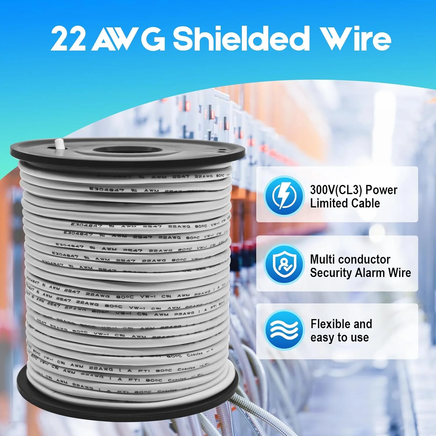 سیم شیلددار 22/2 با روکش CL3P، سیم مسی خالص 200 فوتی، کابل پلنوم رشته ای 2 هادی گیج 22 برای سیستم های امنیتی، کنترل دسترسی و صدا