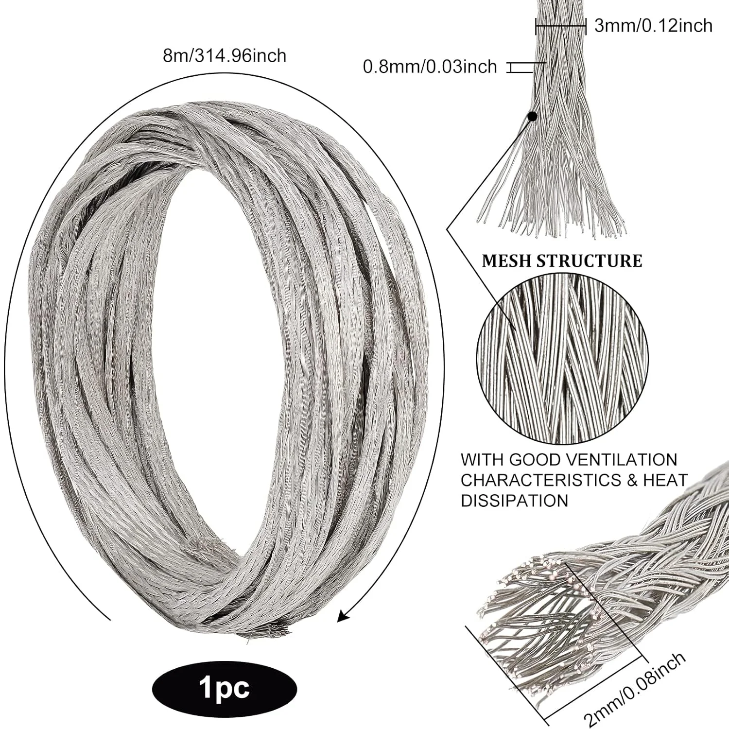 سیم مسی قلع اندود بافته شده BENECREAT، 8 متر، 3 میلی متر، تخت، سیم اتصال زمین انعطاف پذیر برای اتصال به زمین و کاهش تداخل الکترومغناطیسی، ضخامت 0.8 میلی متر