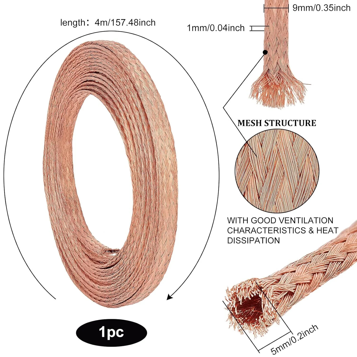 سیم بافته مسی تخت BENECREAT، 4 متر طول، 9 میلی متر عرض، سیم مسی خالص بافته شده برای اتصال به زمین و کاهش نویز، ضخامت 1 میلی متر
