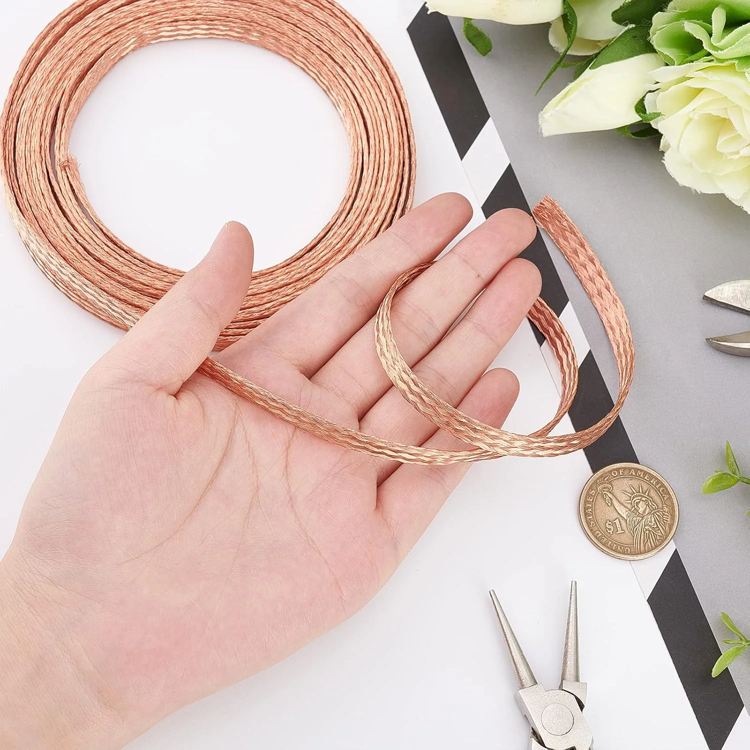 سیم بافته مسی تخت BENECREAT، 4 متر طول، 9 میلی متر عرض، سیم مسی خالص بافته شده برای اتصال به زمین و کاهش نویز، ضخامت 1 میلی متر