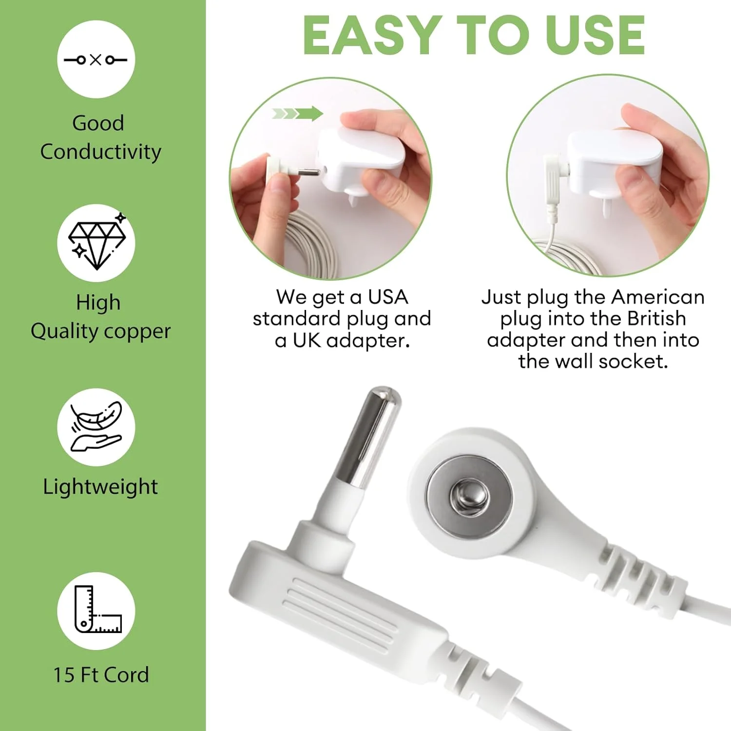 سیم اتصال به زمین با دوشاخه بریتانیایی 4.5 متری برای تشک، ملحفه، روبالشتی، پد، مچ بند و سایر محصولات اتصال به زمین سیم اتصال به زمین با دوشاخه بریتانیایی 4.5 متری برای تشک، ملحفه، روبالشتی، پد، مچ بند و سایر محصولات اتصال به زمین