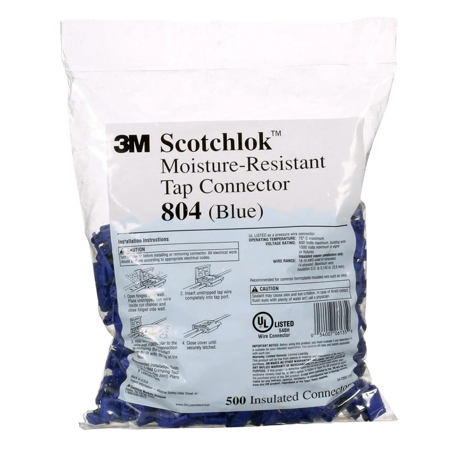 اتصال دهنده جابجایی عایق آبی Scotchlok(TM) 3M(TM) مدل 804-BOX، اتصال سیم اصلی و فرعی، مقاوم در برابر رطوبت و مقاوم در برابر شعله، آبی، 18-16 AWG (جامد/رشته ای)، 14 AWG (رشته ای)، بسته 500 عددی 804-BULK 500