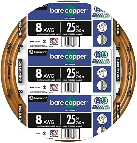 سیم اتصال به زمین مسی بدون روکش جامد گیج 8 به طول 25 فوت سیم اتصال به زمین مسی بدون روکش جامد گیج 8 به طول 25 فوت