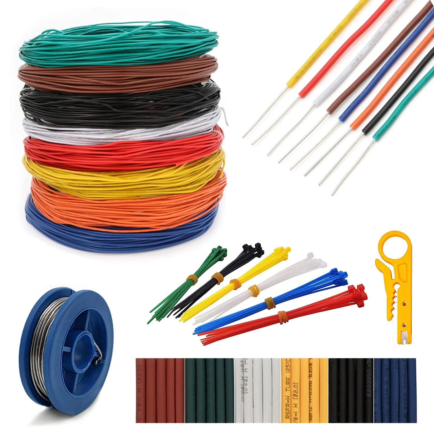 سیم الکترونیکی Benmiuko UL1007 18AWG، سیم قلع اندود مسی جامد، کیت سیم کشی تجهیزات الکترونیکی، الکترونیک DIY شامل ابزار <5 متر X 8 رنگ>