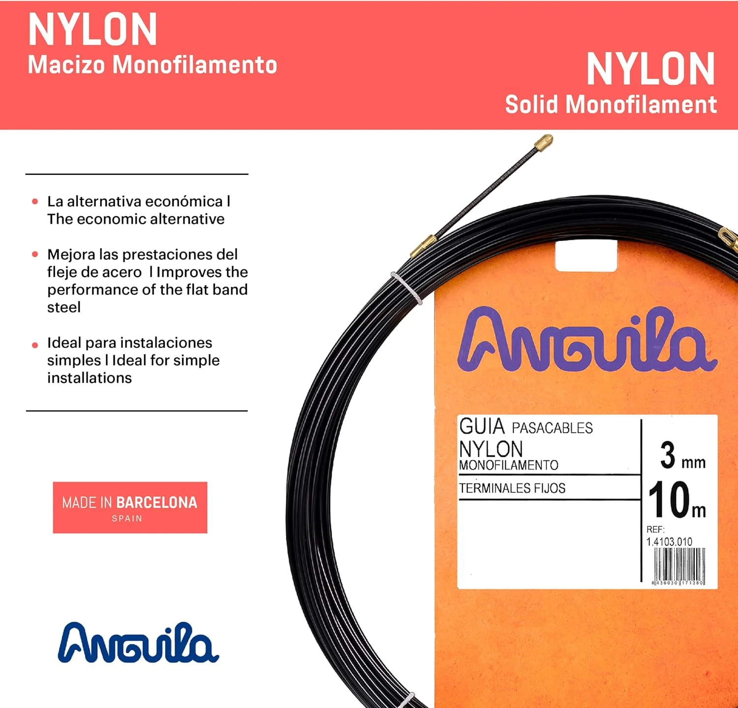 آنگویلا | راهنمای سیم | ترمینال های ثابت | تک رشته ای جامد | نایلون | مشکی | قطر 3 میلی متر | 10 متر