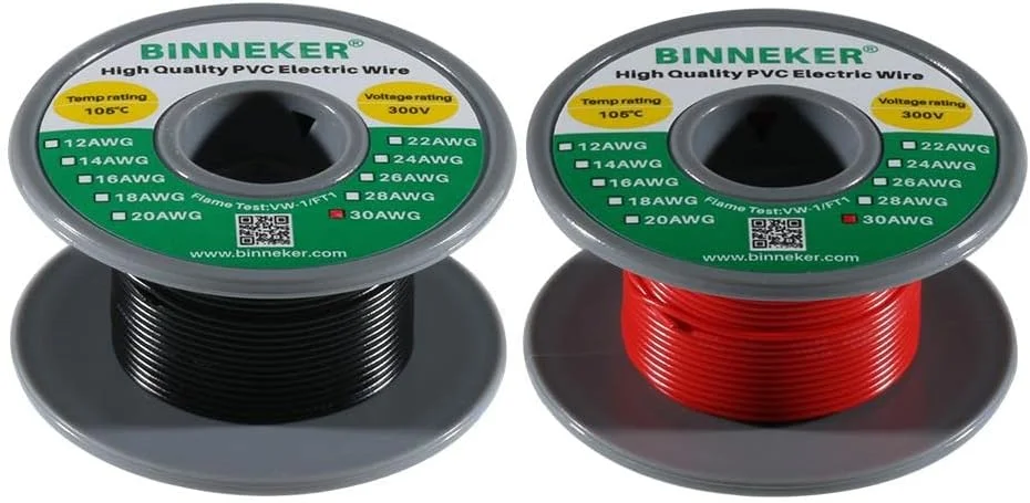 سیم برق تک هسته ای جامد BINNEKER سایز 30، روکش PVC، قرمز 15 متر و مشکی 15 متر، سیم مسی قلع اندود سایز 30 AWG مدل 1007