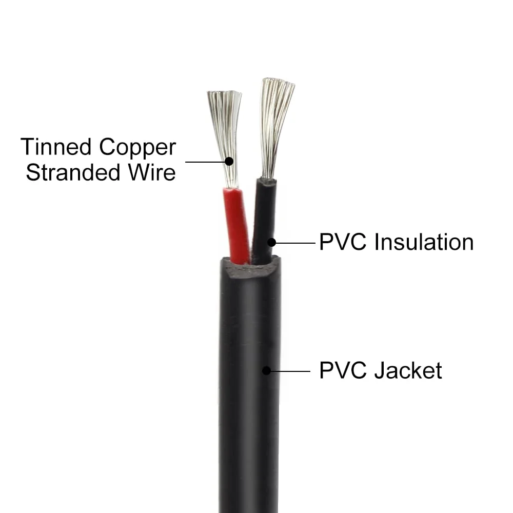 سیم 50 فوتی 18 گیج 2 رسانا، سیم برق 18AWG، کابل LED ولتاژ پایین عایق شده 18/2، سیم قلع اندود مسی قرمز و مشکی، سیم برق انعطاف پذیر 2 پین